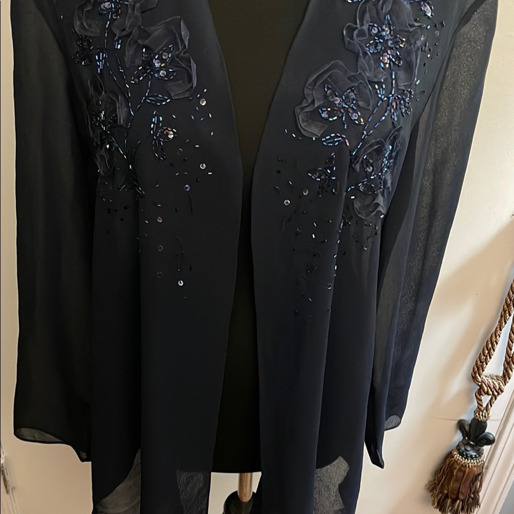 Elegant Navy Sheer Cardigan with Floral Embellishments - Picture 3 of 9